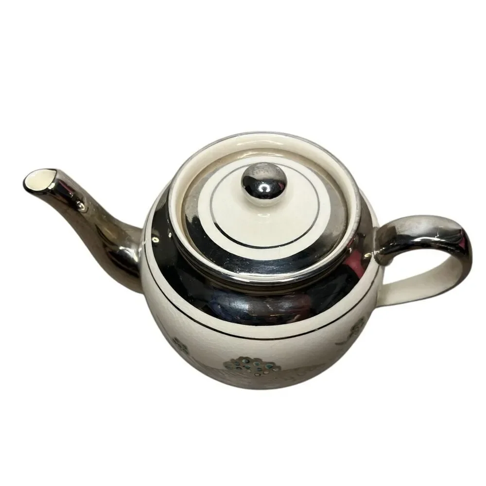 Vintage Price Bros. Ceramic Teapot Silver Blue‎ White Made in England